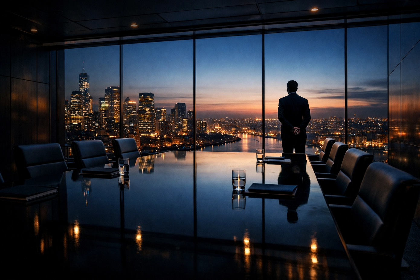 Executive silhouette in a modern boardroom symbolizing private banking leadership and strategic CEO succession planning.